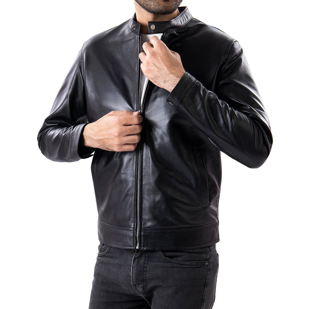 Black Men's Pure Sheep Leather Zipper Jacket