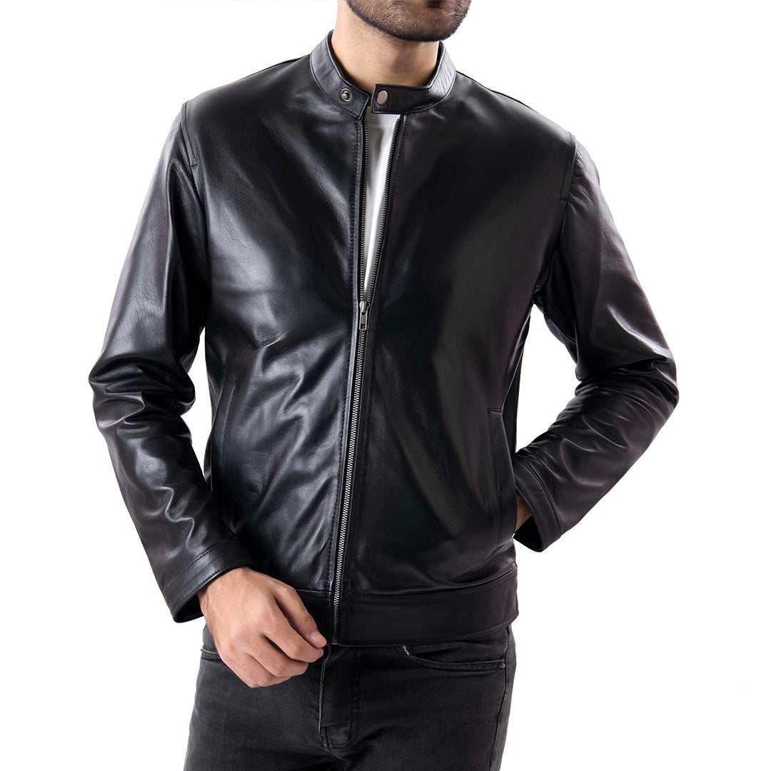 Black Men's Pure Sheep Leather Zipper Jacket