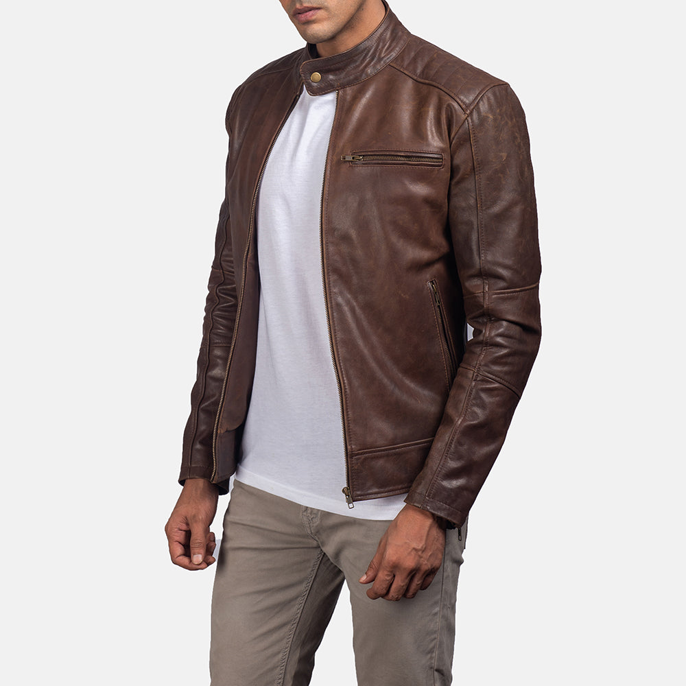 Mens Brown Leather Biker Style Jacket