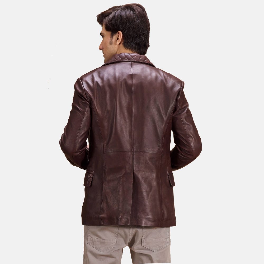 Mens Quilted Maroon Leather Blazer