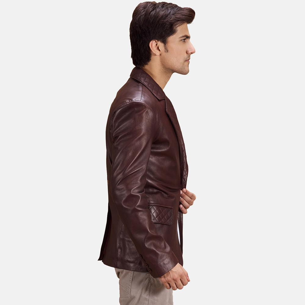 Mens Quilted Maroon Leather Blazer