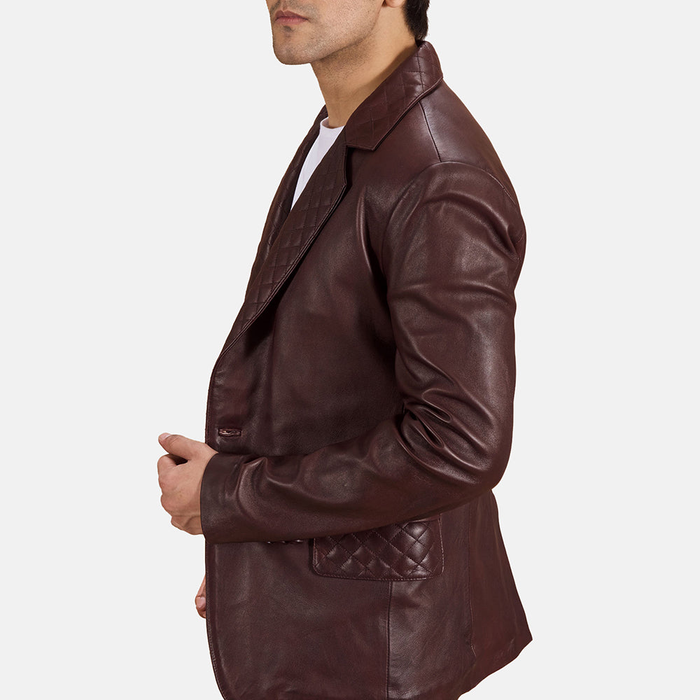 Mens Quilted Maroon Leather Blazer