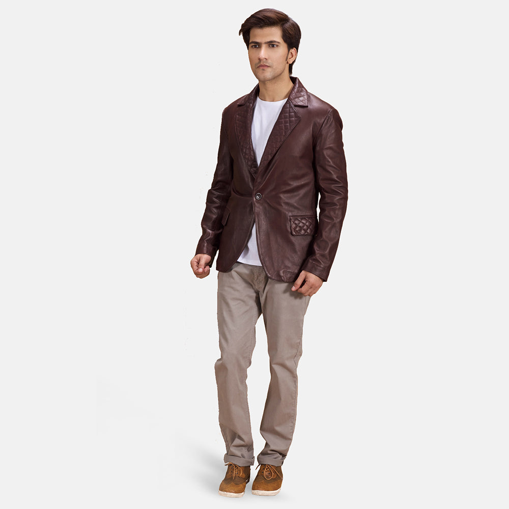 Mens Quilted Maroon Leather Blazer