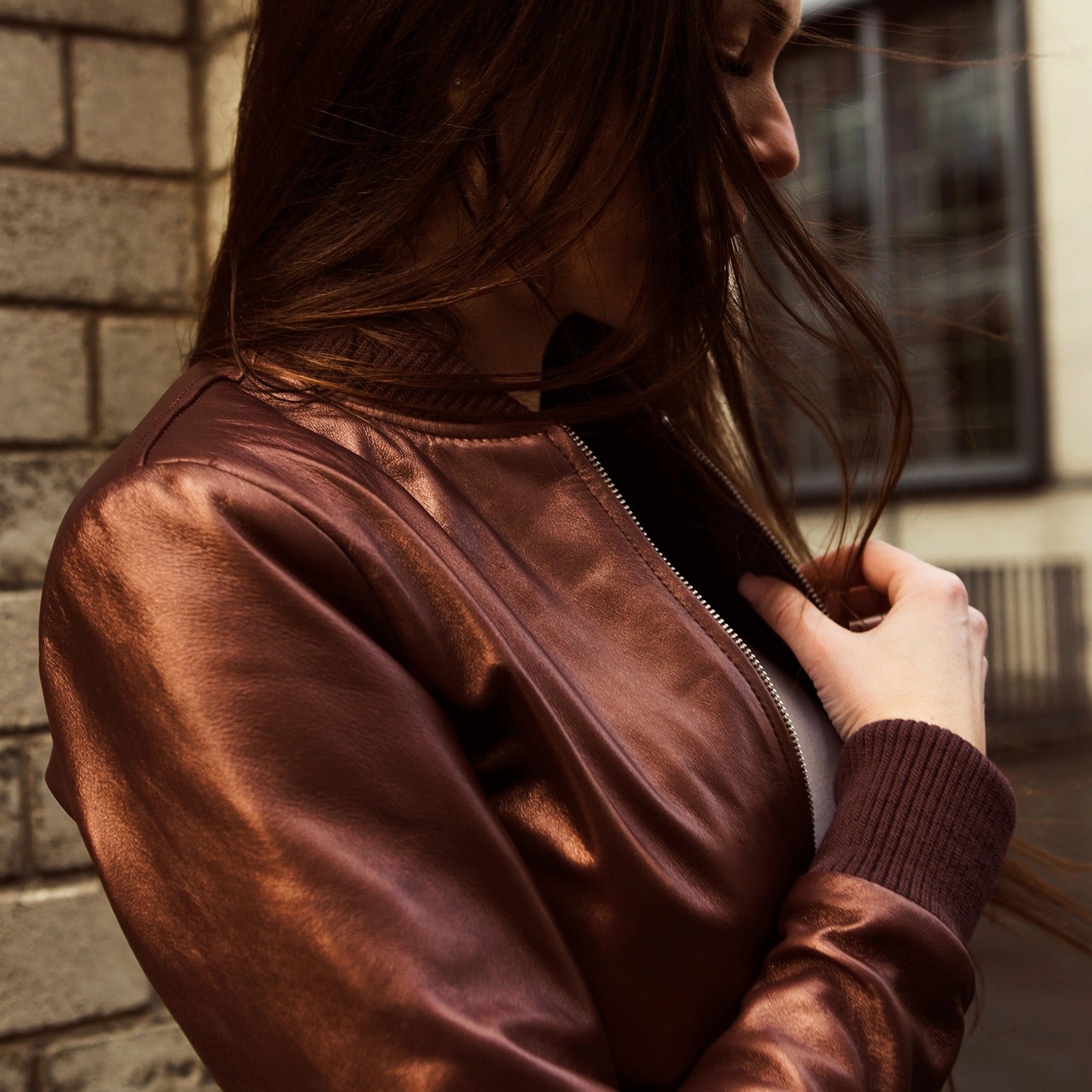 Womens Reida Luxe Maroon Leather Bomber Jacket