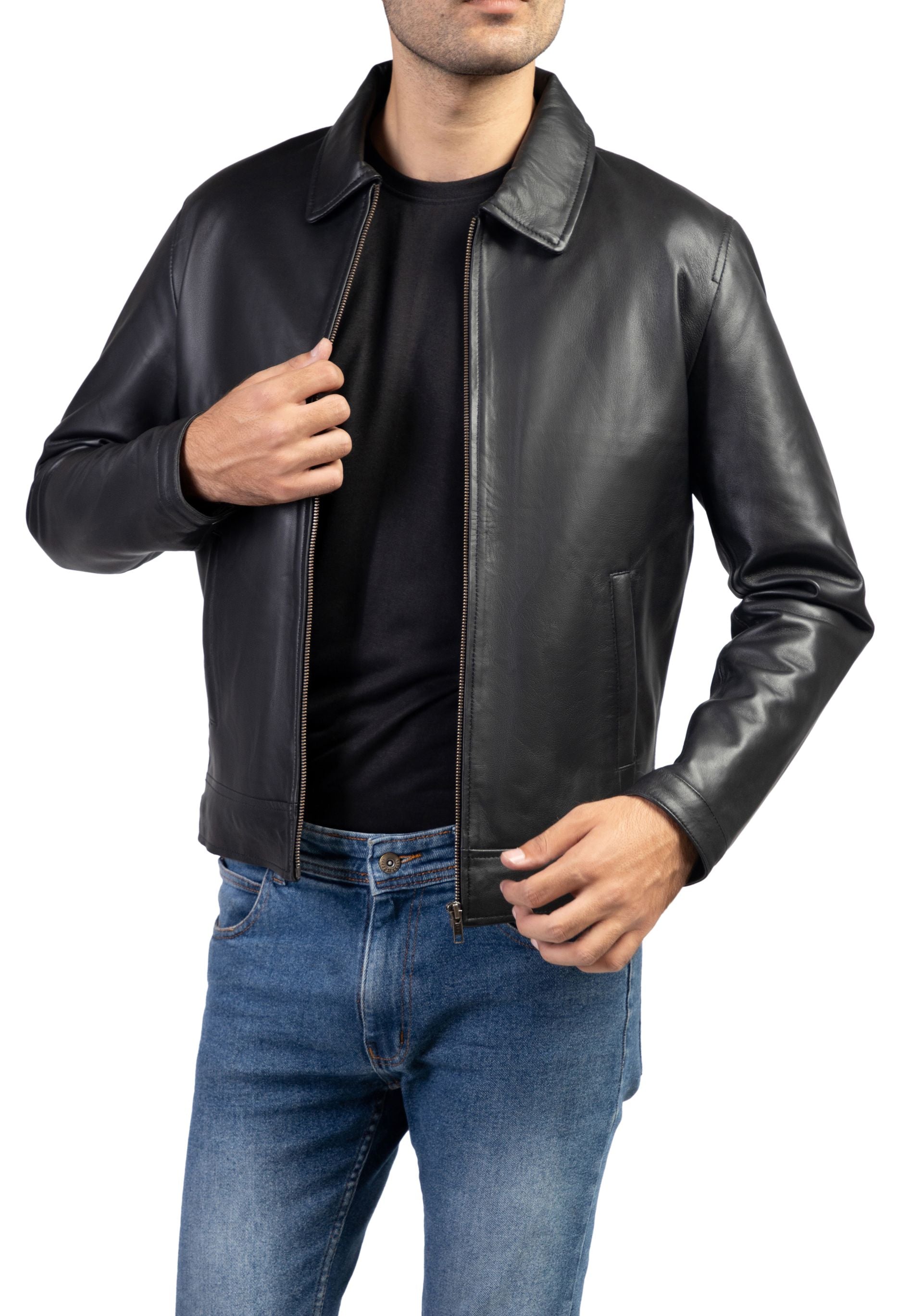 Mens Harrington Collar Shirt Premium Leather Jacket