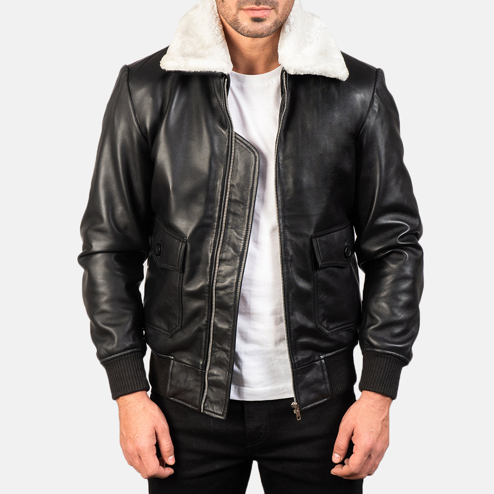 Mens Vintage Black & White Leather Bomber Jacket