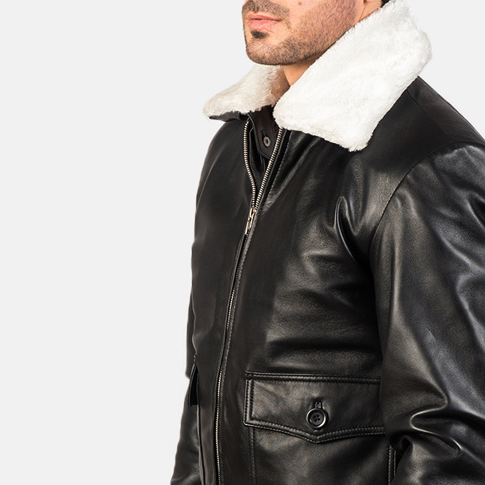 Mens Vintage Black & White Leather Bomber Jacket