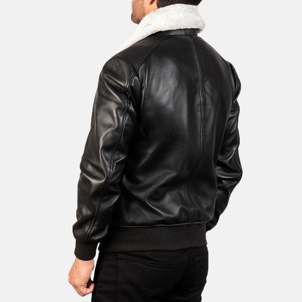 Mens Vintage Black & White Leather Bomber Jacket