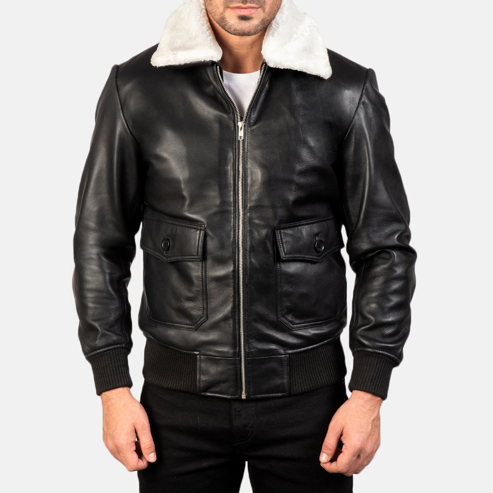 Mens Vintage Black & White Leather Bomber Jacket