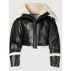 WOMEN’S BLACK LEATHER CROPPED WIDE SHEARLING COLLAR JACKET, WARMTH-STYLE