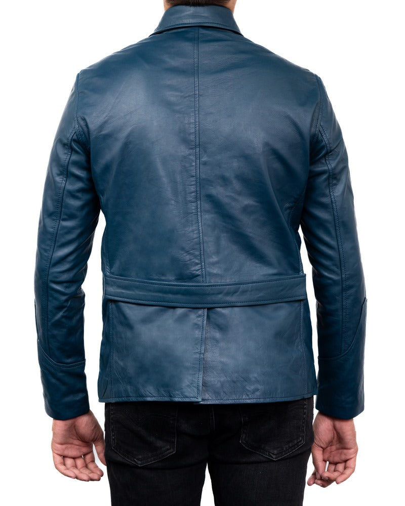 Blue 5-Button Men Lambskin Leather Blazer