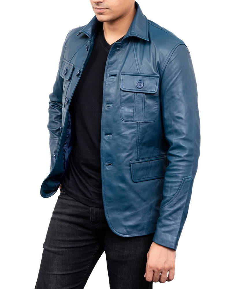 Blue 5-Button Men Lambskin Leather Blazer