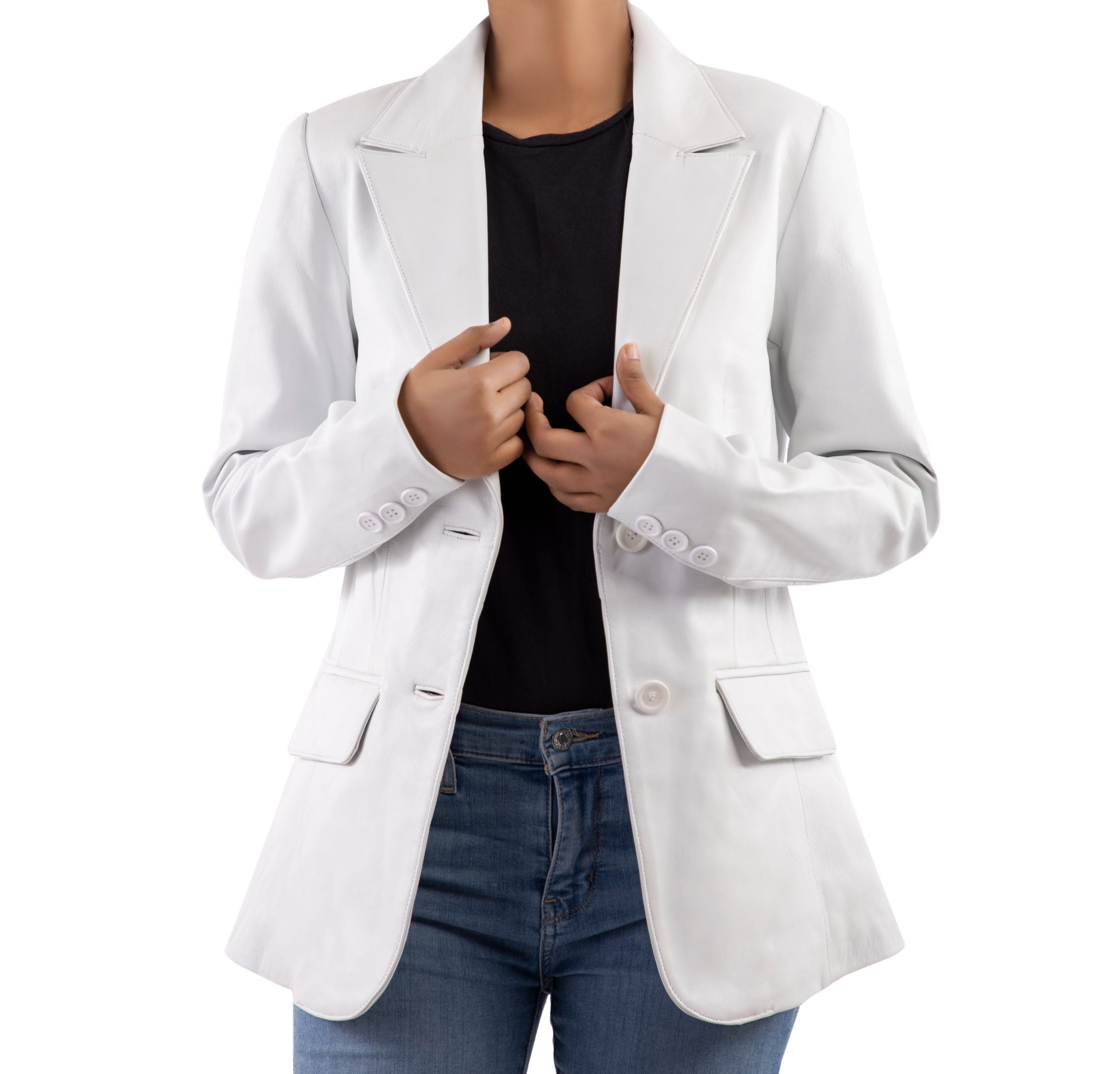 Classic 2-Button Lambskin Leather White Blazer Women