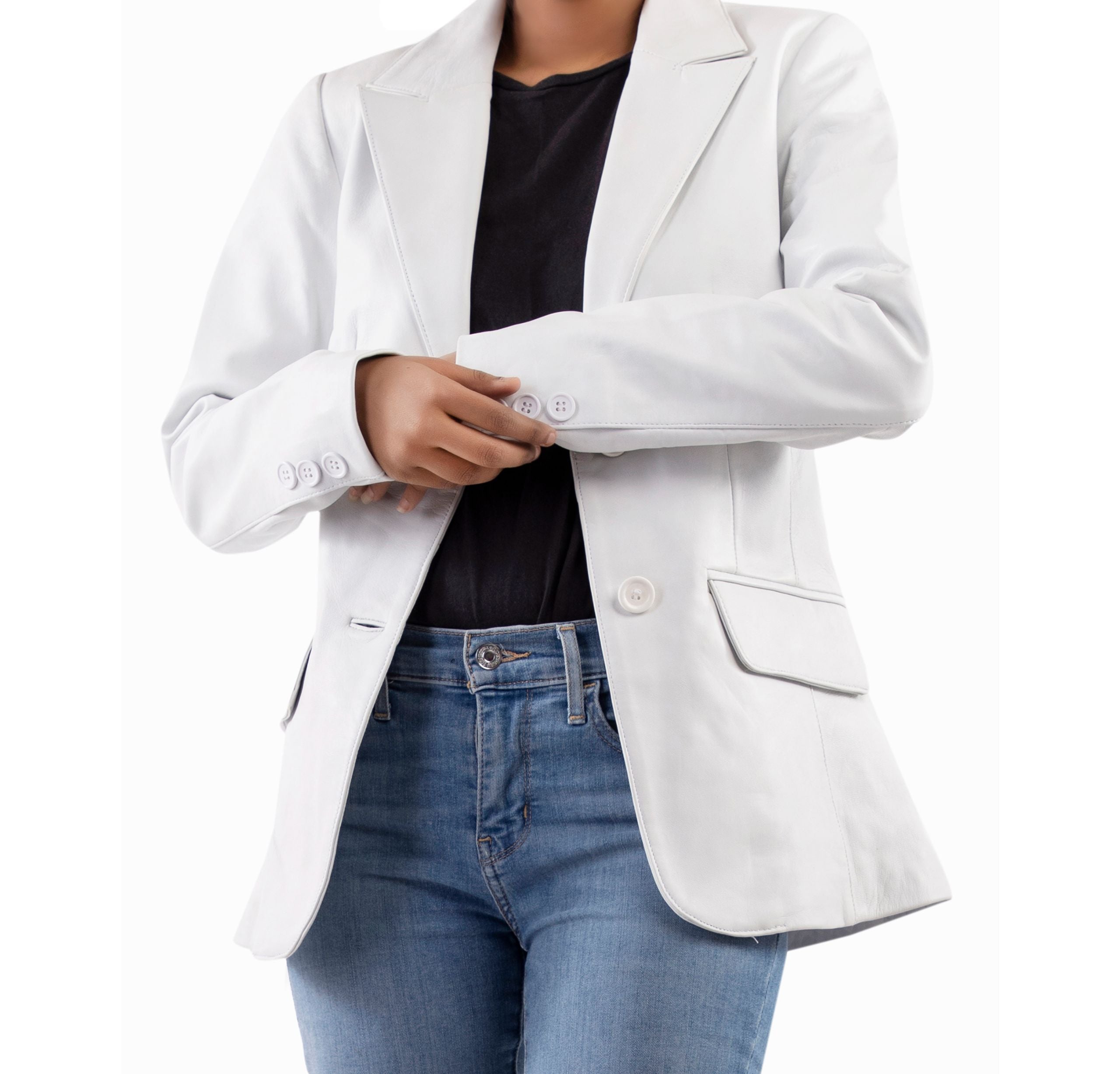 Classic 2-Button Lambskin Leather White Blazer Women