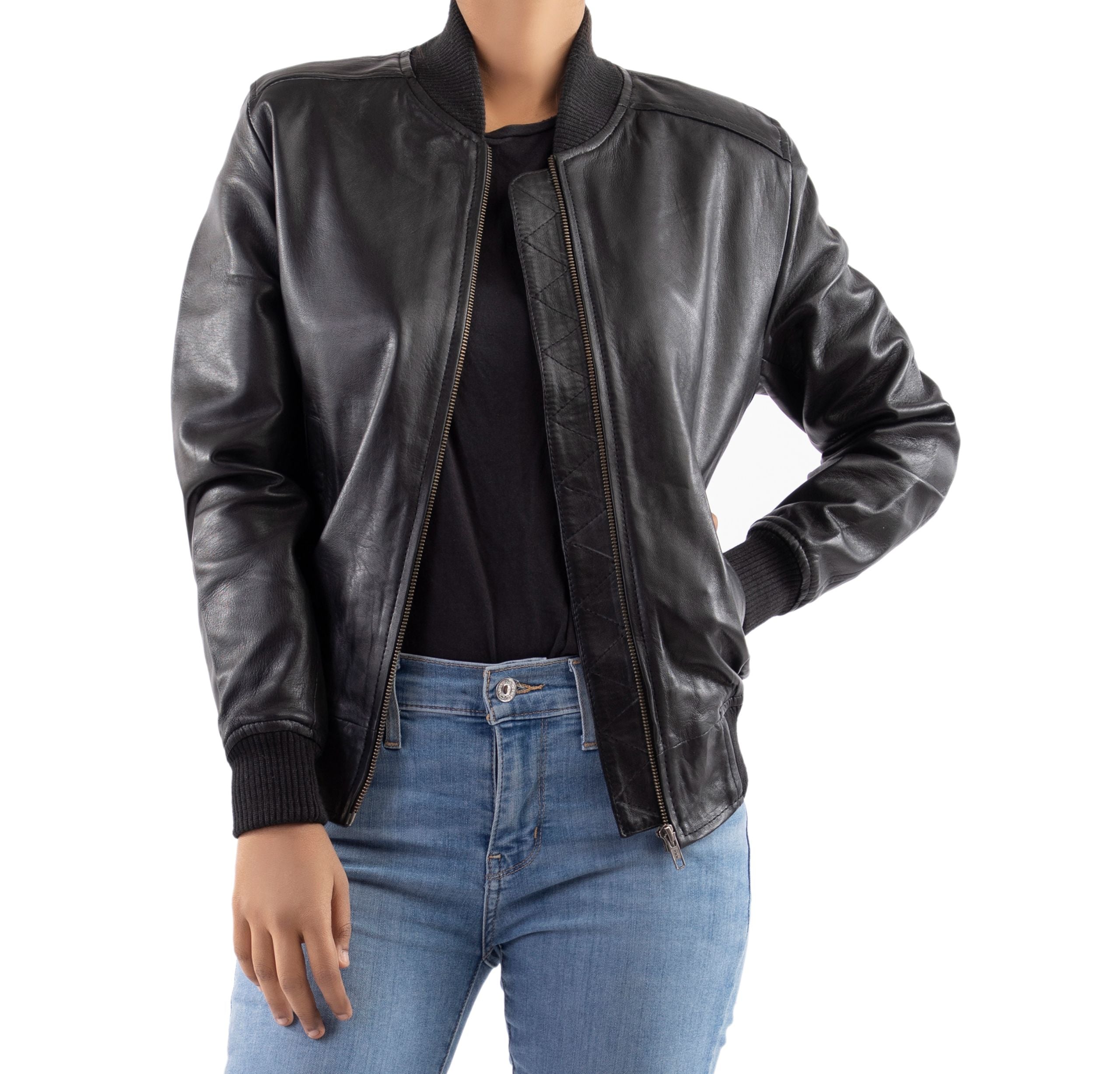 Women's Sleek Leather Bomber Jacket-Black