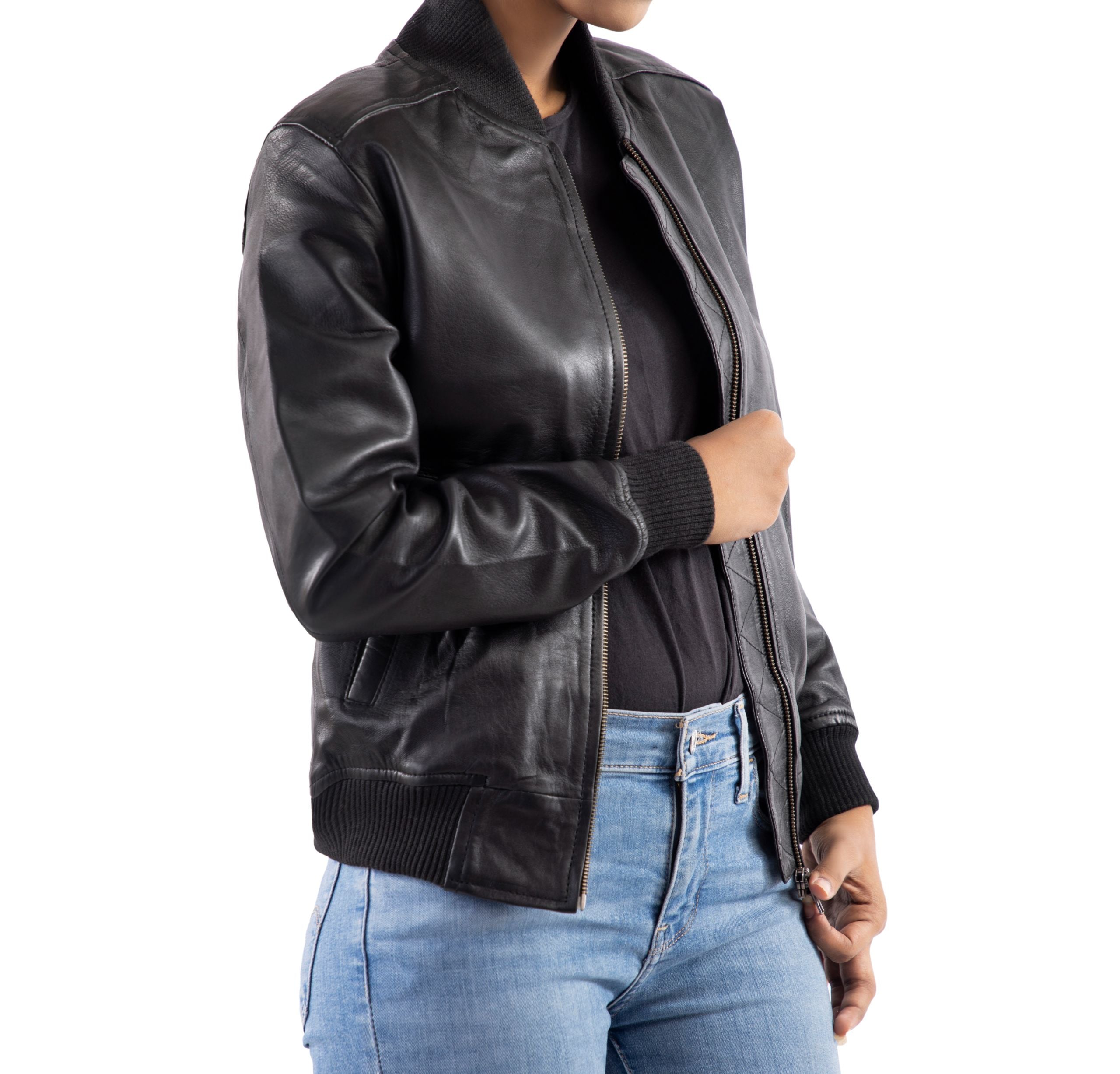 Women's Sleek Leather Bomber Jacket-Black