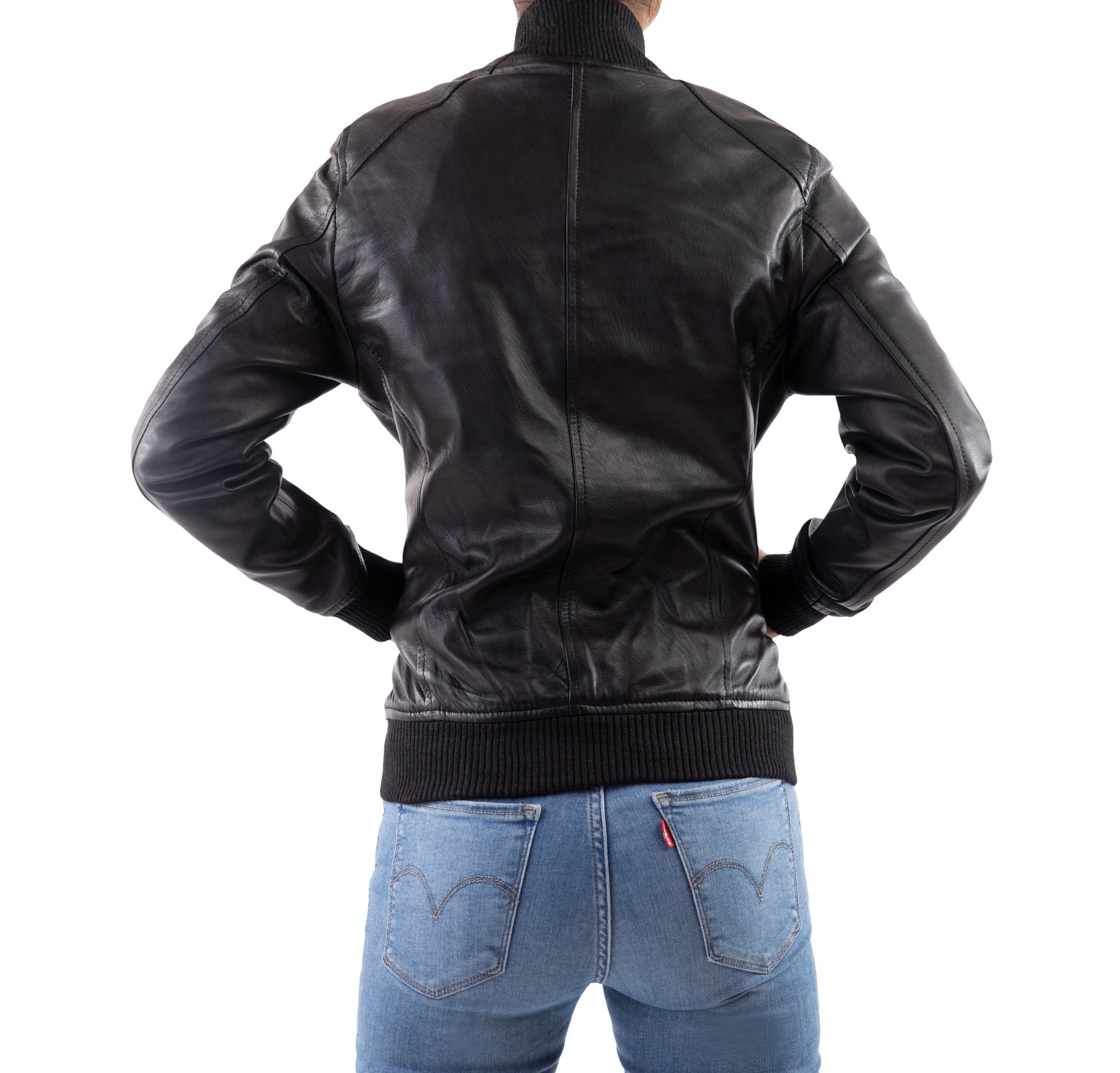 Women's Sleek Leather Bomber Jacket-Black