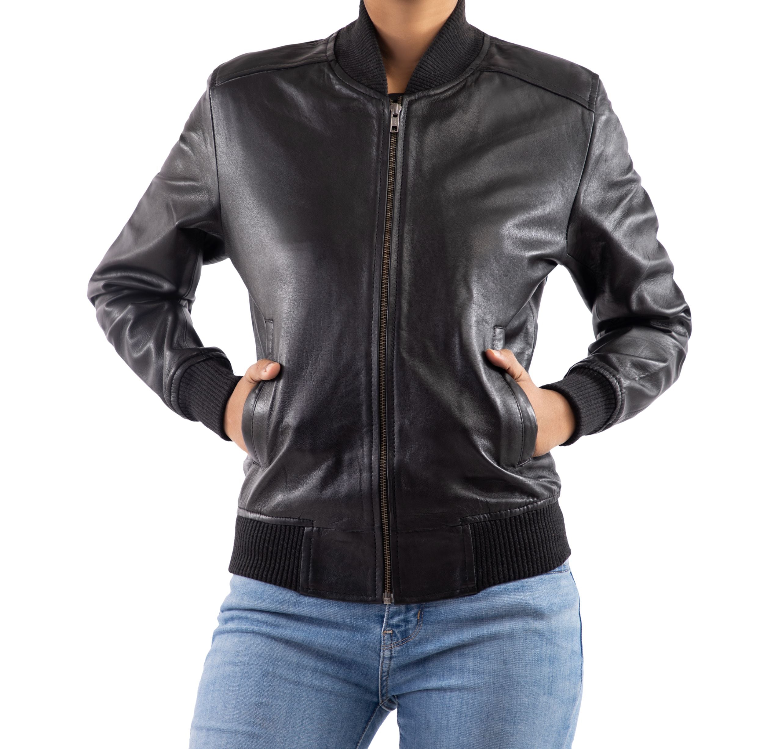 Women's Sleek Leather Bomber Jacket-Black