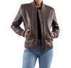 Womens Leather Brown Bomber Jacket With Rib-Knitted Collar