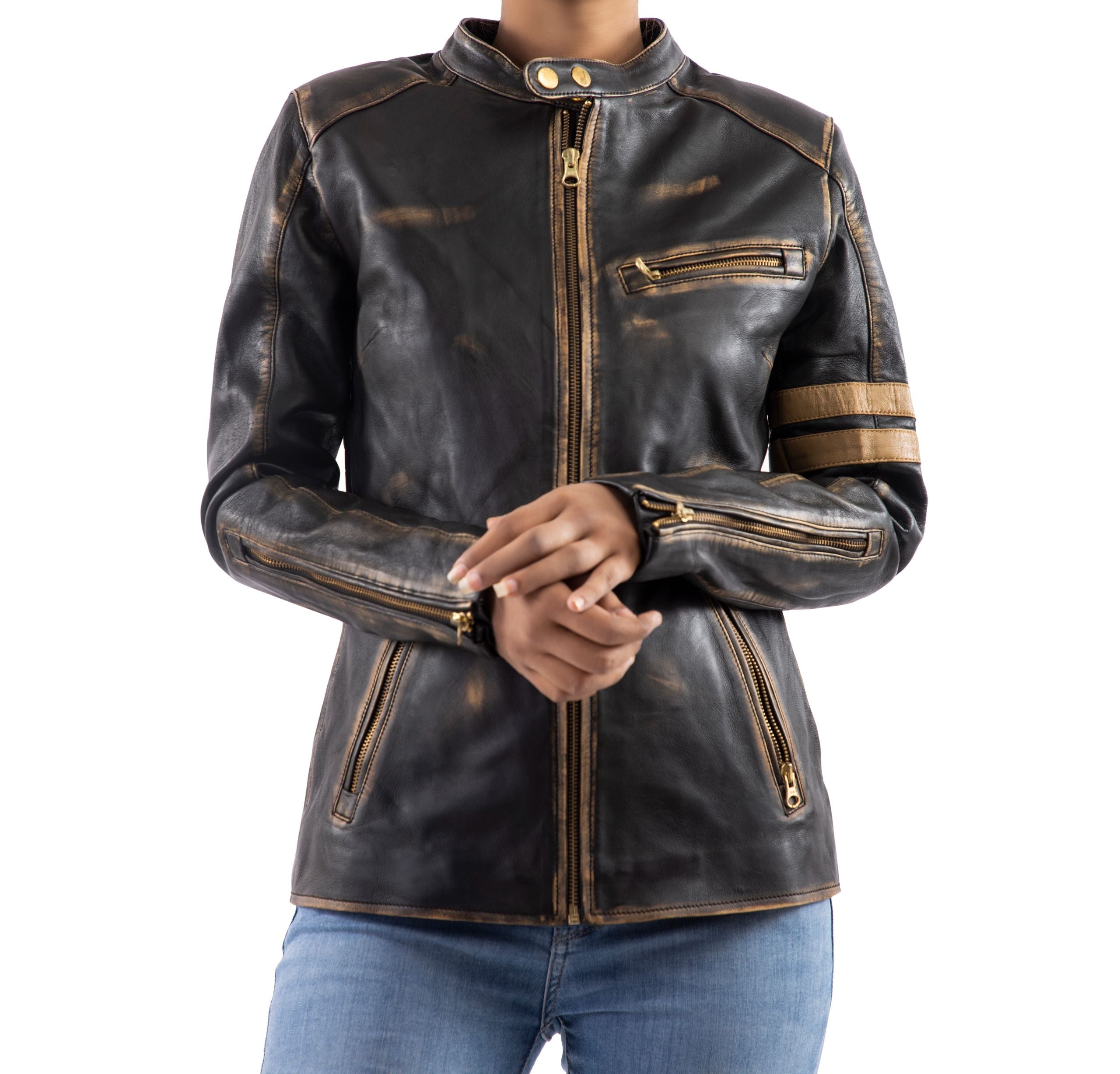 Distressed Café Racer Noir Leather Jacket Women-Black