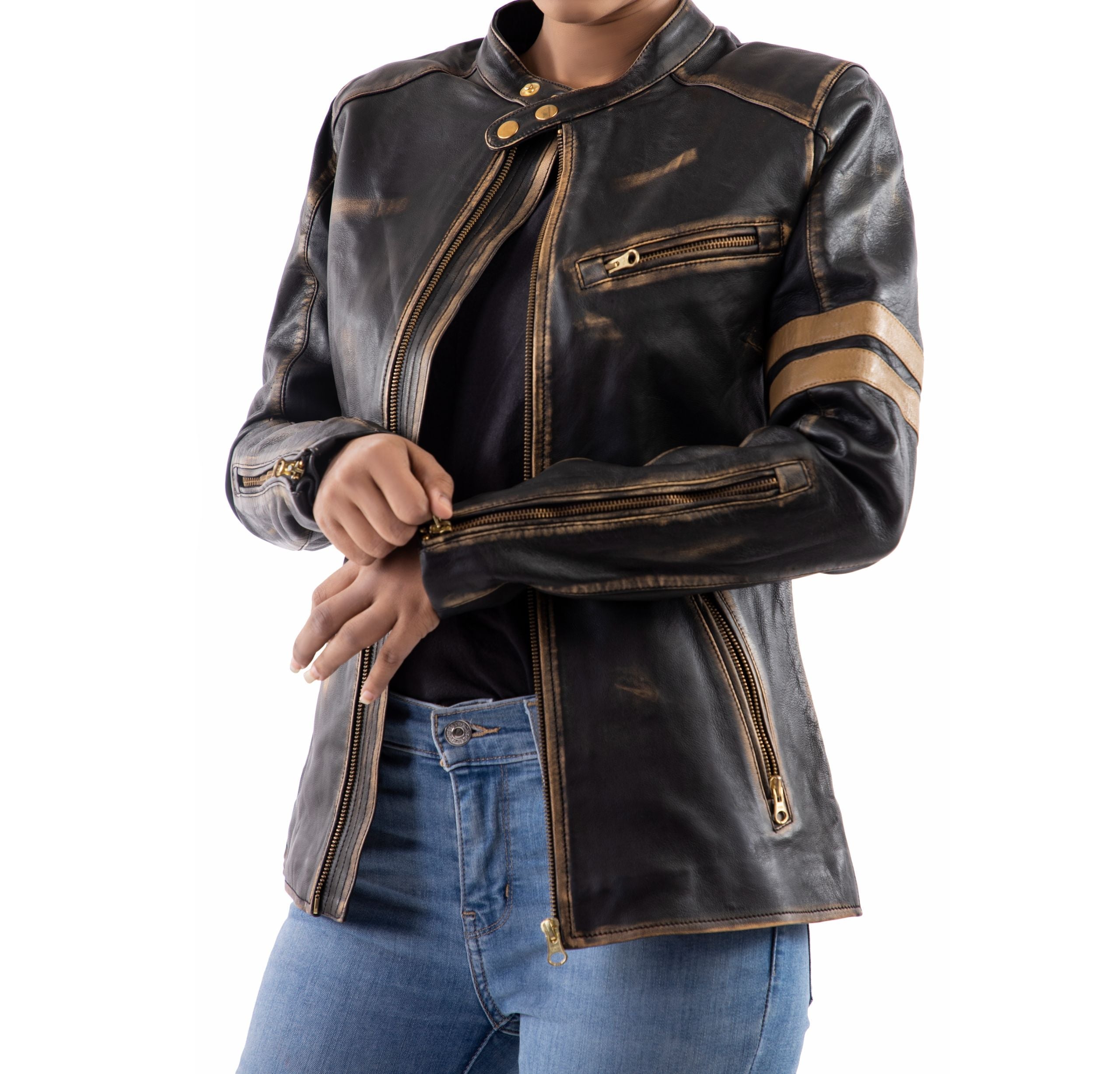 Distressed Café Racer Noir Leather Jacket Women-Black