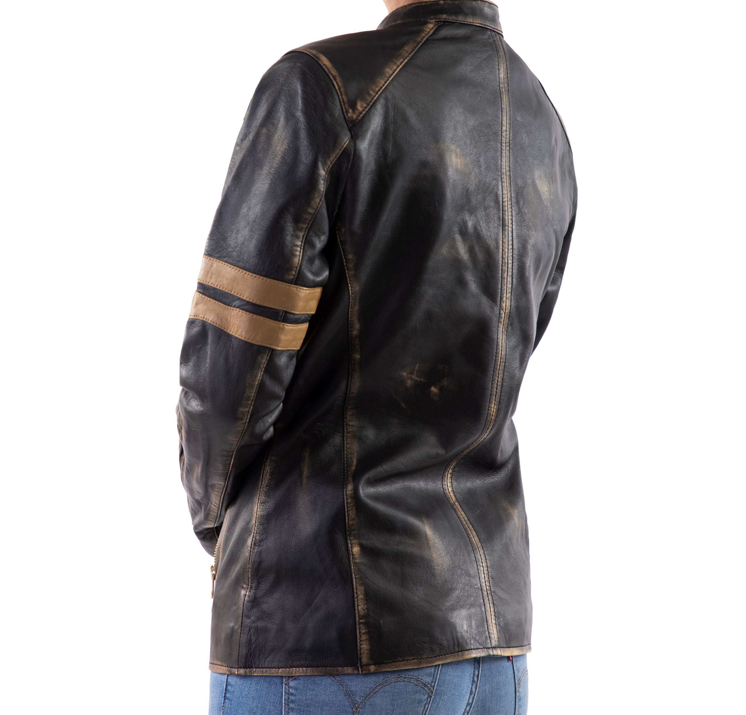 Distressed Café Racer Noir Leather Jacket Women-Black