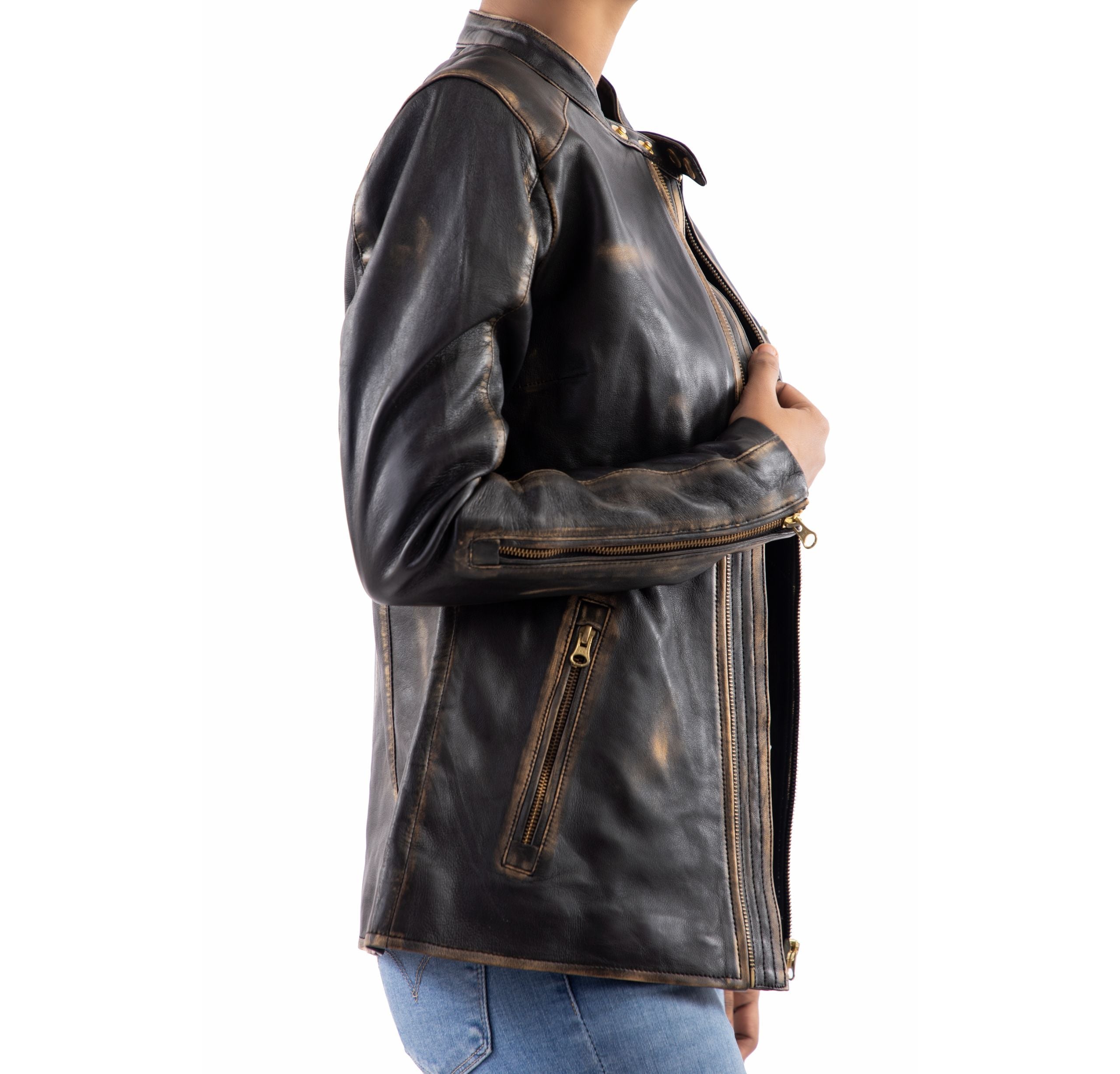 Distressed Café Racer Noir Leather Jacket Women-Black